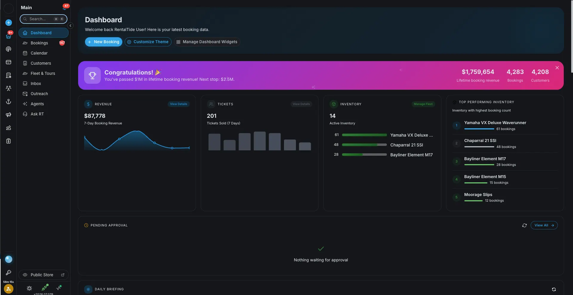 RentalTide dashboard showing bookings, fleet tracking, and payments in one view